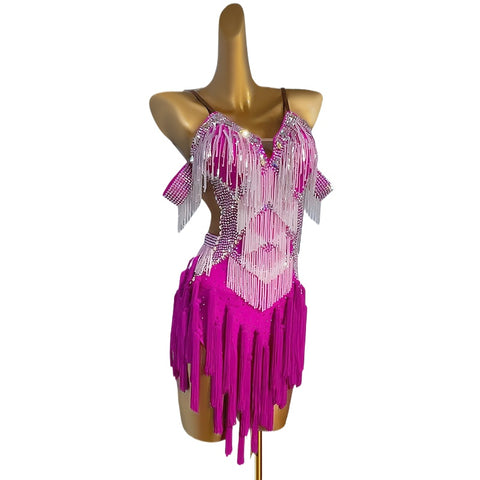 Custom Size Competition Latin Dance Dresses for Women Girls Gold Fuchsia Fringes Stones Salsa Rumba Chacha Blackpool Dance Wear