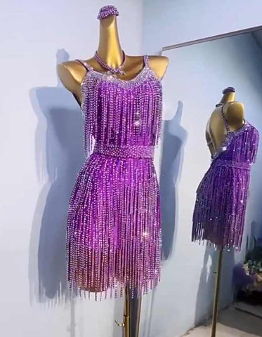 Custom Size Purple Bling Fringe Competition Latin Dance Dresses for Women Girls Kids Salsa Rumba Chacha Black Pool Latin Dance Costumes