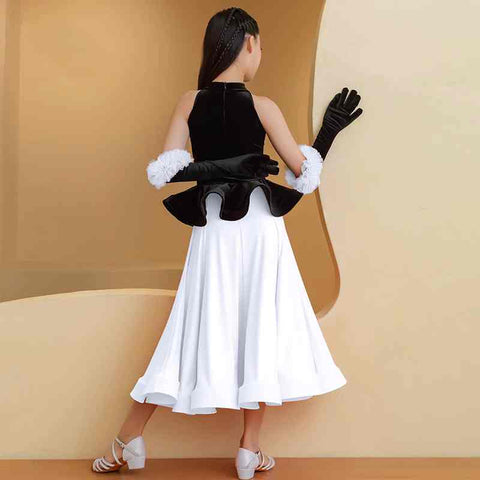 Pink White Velvet Classical Latin Ballroom Dance Dresses for Girls Kids Waltz Tango Dance Performance Costume for Children