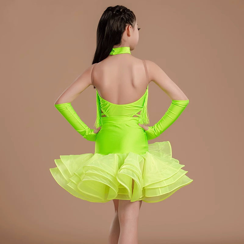 Neon Green Red Fringed Latin Dance Dresses for Girls Kids Salsa Rumba Chacha Event White Latin Performance Costumes