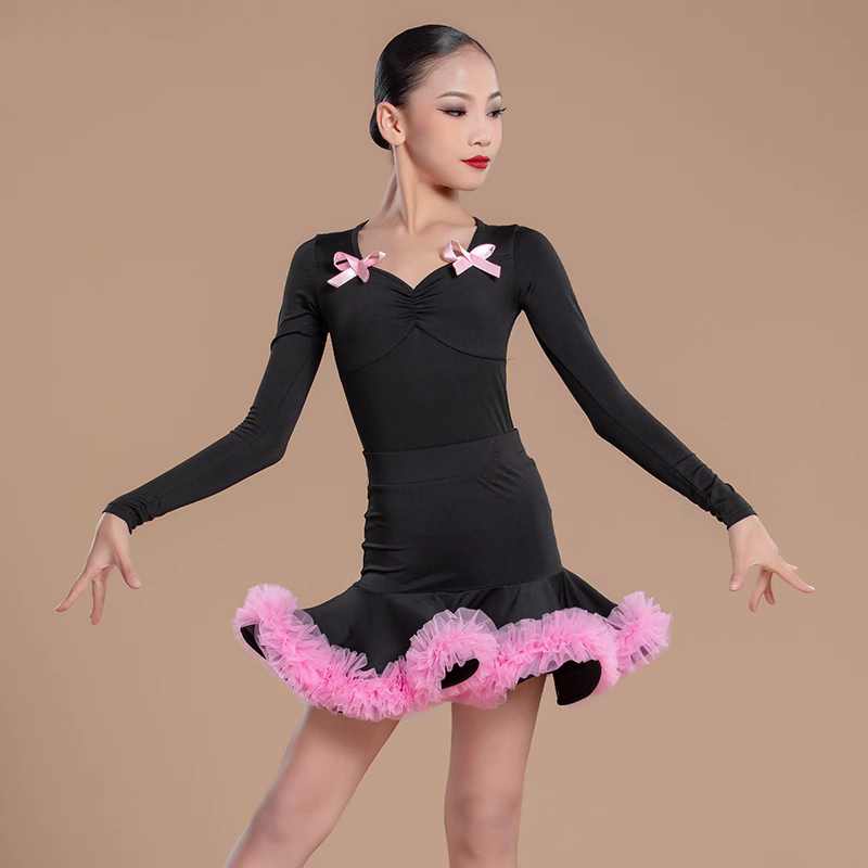 Children's Black with Pink Ruffles Latin Dance Dresses Salsa Rumba Chacha Performance Costumes Girls Party Performance Outfits