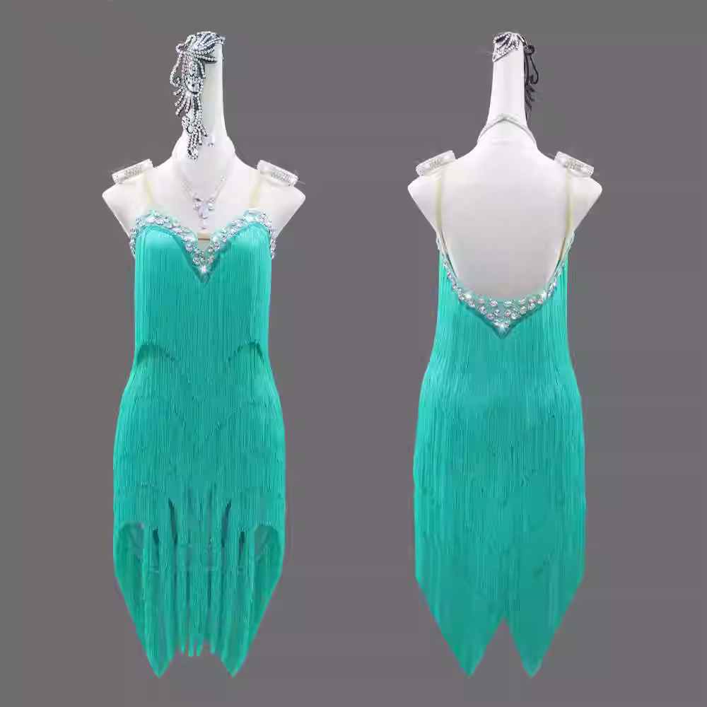 Professional Turquoise Fringe Competition Latin Dance Dresses for Women Girls Salsa Rumba Chacha Tap Dance Performance Clothing Party Outfits