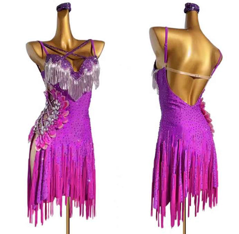 Custom Size Purple Bling Fringe Latin Dance Dresses for Women Girls Gemstones Competition Art Test Solo Dance Clothing Salsa Chacha dance Wear