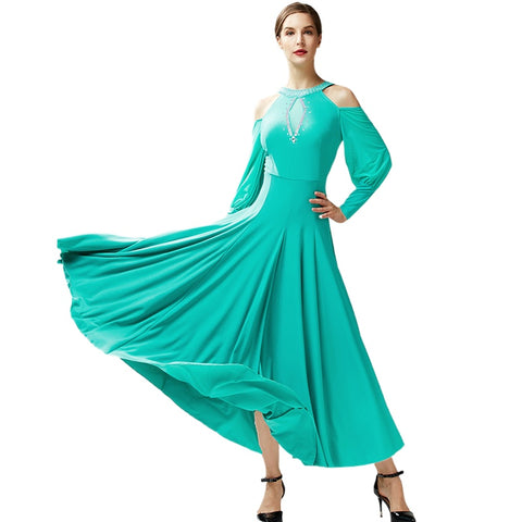 Mint Black Hollow Shoulder Ballroom Dance Dresses for Women Girls Waltz Tango Smooth Dance Long Gown