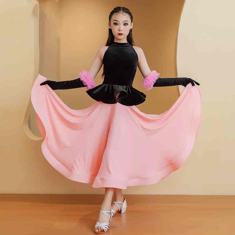 Pink White Velvet Classical Latin Ballroom Dance Dresses for Girls Kids Waltz Tango Dance Performance Costume for Children