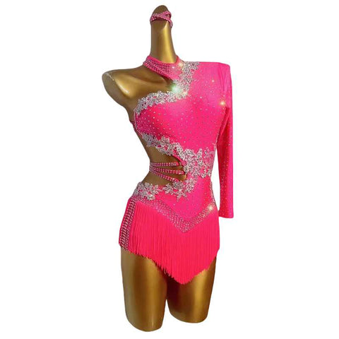 Custom Size Advanced Latin Dance Competition Dresses for Girls Kids Pink Blue Purple Yellow One Shoulder Salsa Rumba Chacha Art Test Bling Dance Skirt