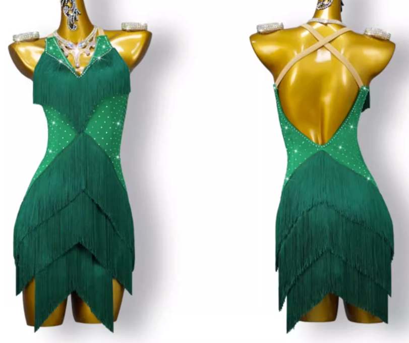 Professional Dark Green Fringe Latin Dance Competition  Dresses for Women Girls Salsa Rumba Cha Cha Samba Performance Floral Costume Solo