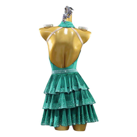 Dark Green Fringe Competition Latin Dance Dresses for Women Girls Professional Salsa Rumba Chacha Dance Costume Solo Flower Performance Outfits