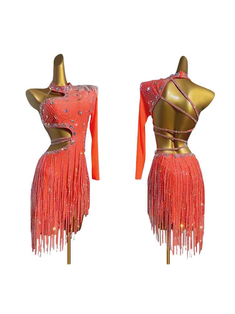 Custom Size Orange Purple Latin Dance Competition Dresses for Kids Girl One Shoulder Women Art Test Dance Costumes Bing Fringe Skirt