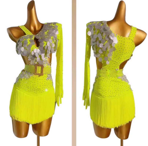 Custom size Fluorescent yellow competition Latin dance dresses for kids girls latin salsa chacha solo performance clothes with gemstones