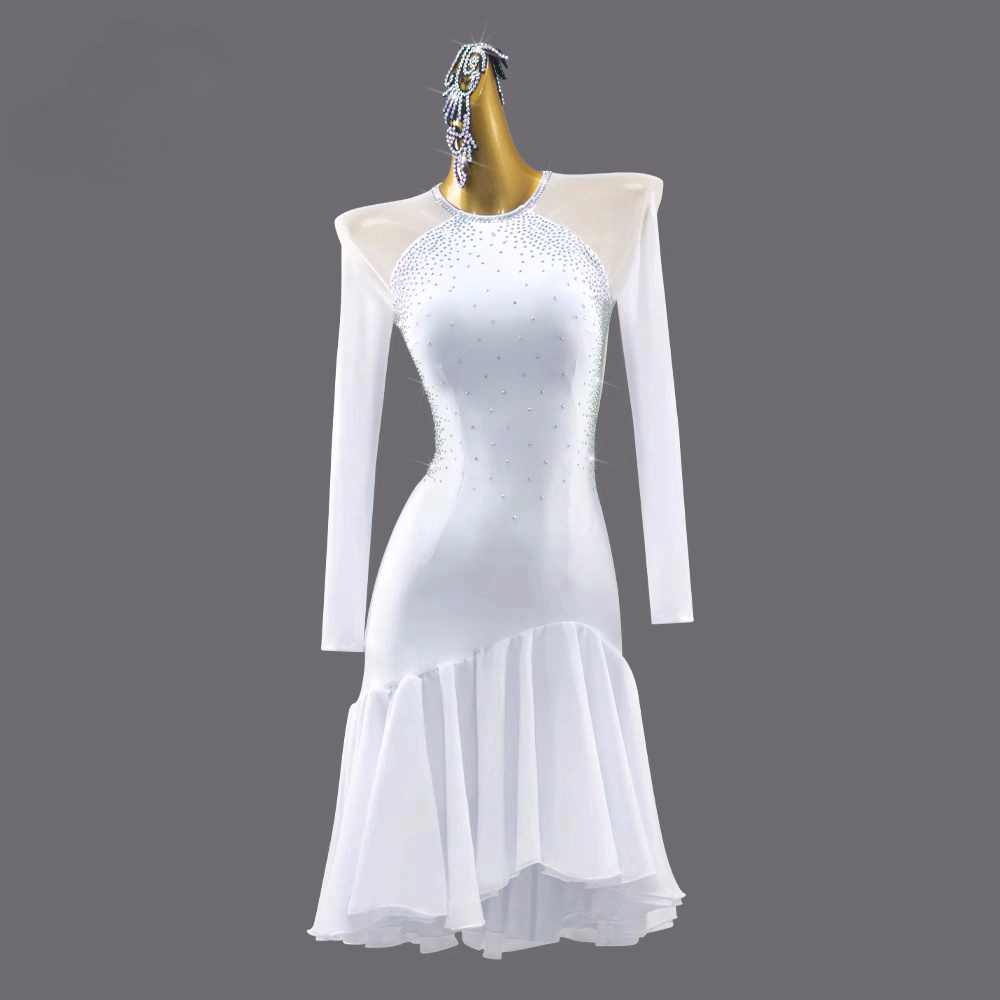 Professional White Ruffles Latin Dance Dresses for Women Girls Long Sleeve Bling Salsa Rumba Chacha Dance Performance Outfits