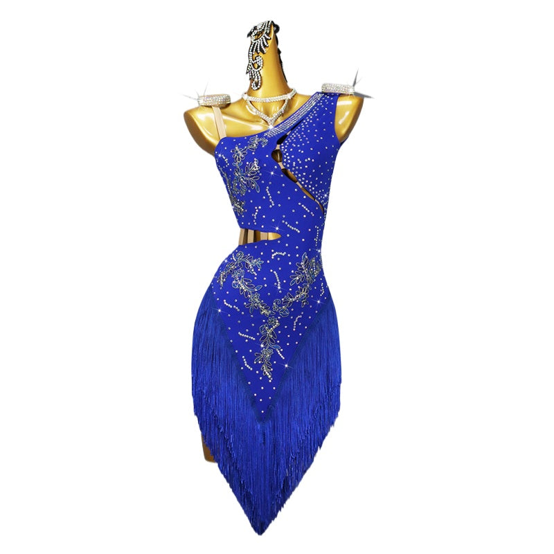 Royal Blue Fringe Latin Dance Dresses for Women Girls Slant Neck Salsa Rumba Chacha Latin Competition Performance Costume