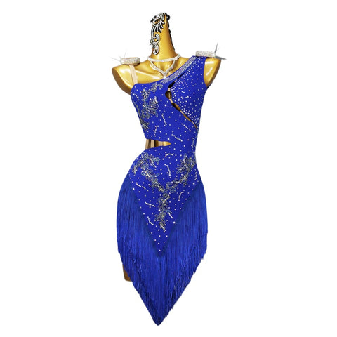 Royal Blue Fringe Latin Dance Dresses for Women Girls Slant Neck Salsa Rumba Chacha Latin Competition Performance Costume