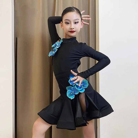 Black with Blue Orchid Flowers Latin Dance Dresses for Girls Latin Long Sleeves Slant Neck Salsa Chacha Performance Costumes for Kids