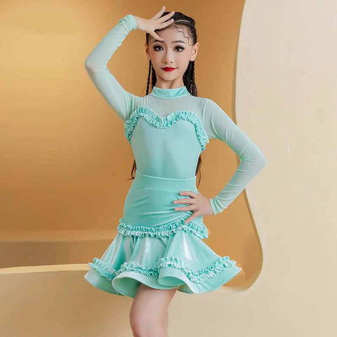 Pink Green Velvet Lace Latin Dance Dresses for Girls Kids Salsa Rumba Chacha Ballroom Professional Dance Performance Competition Outfits for Children