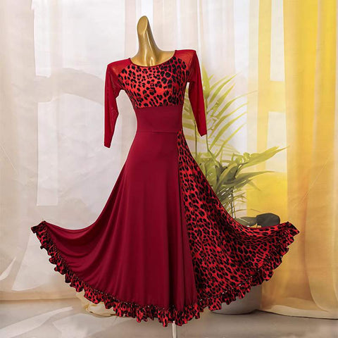 Wine Leopard Ballroom Dance Dresses for Women Girls Waltz Tango Rhthm Smooth Dance Long Swing Skirts