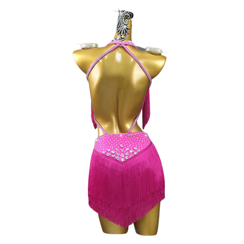 Professional Hot Pink Stones Latin Dance Dresses for Women Girls Cha Cha Jive Salsa Fringed Performance Costumes