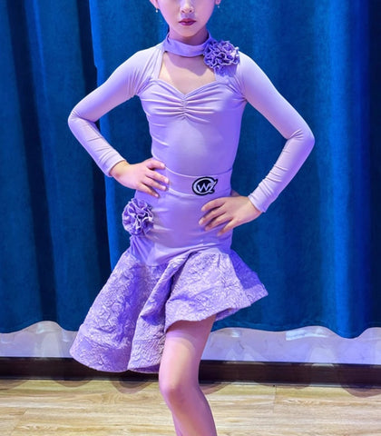 Children's Lavender purple Latin dance dresses girls dance ballroom salsa Grading competition performance clothing irregular skirts