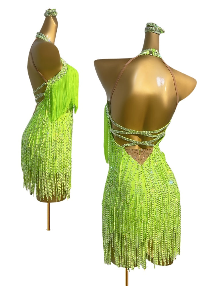 Custom Size Neon Green Orange Competiiton Latin Dance Dresses for Women Girls Stones Fringe Salsa Rumba Chacha Blackpool Dance Costumes