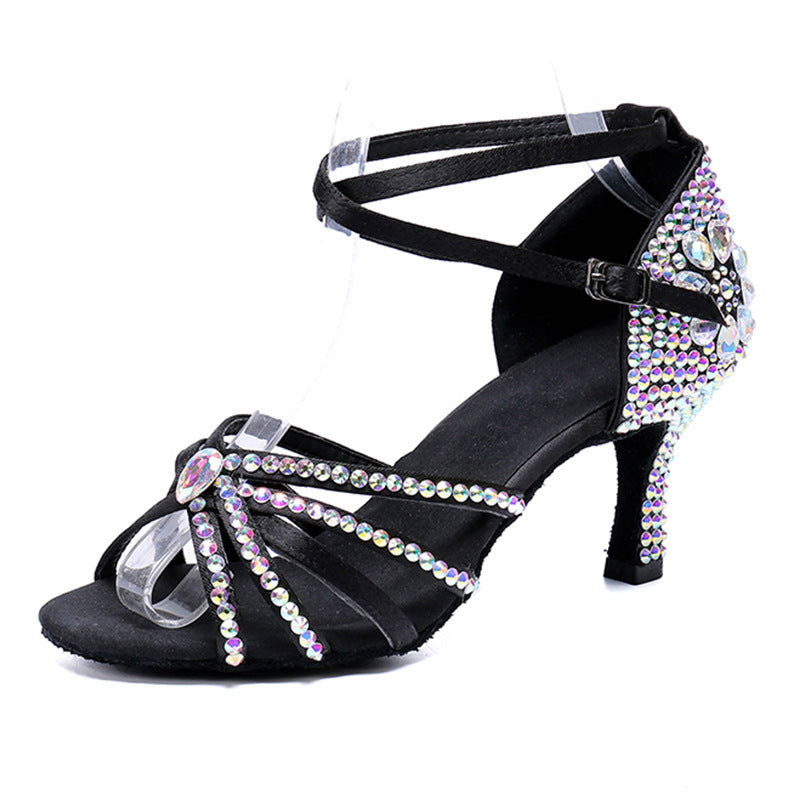 Rhinestone Latin Dance Shoes for Women Girls Soft Soles Diamond Satin Female Adult Salsa Chacha Waltz Ballroom Tango Dance Sandals