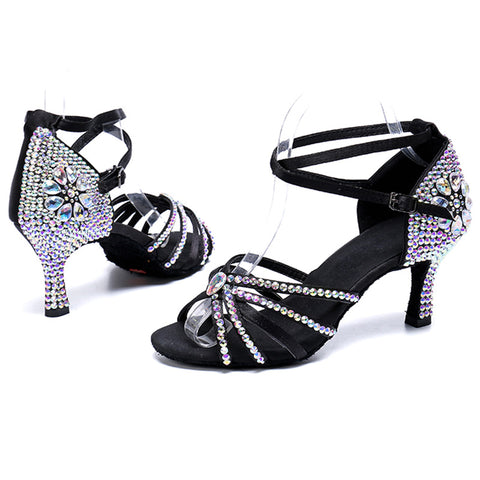 Rhinestone Latin Dance Shoes for Women Girls Soft Soles Diamond Satin Female Adult Salsa Chacha Waltz Ballroom Tango Dance Sandals