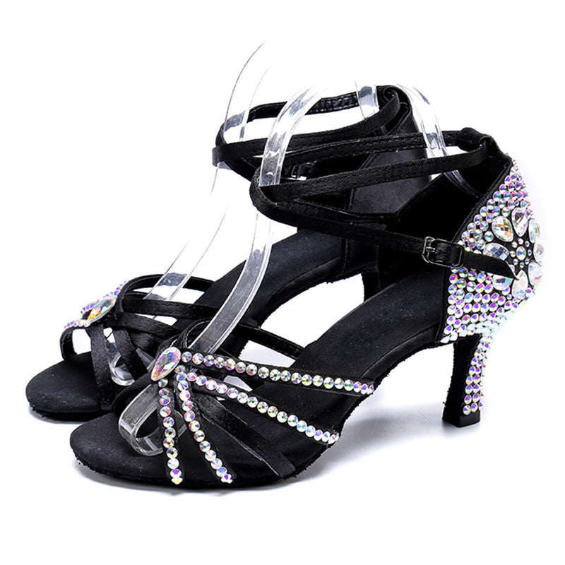 Rhinestone Latin Dance Shoes for Women Girls Soft Soles Diamond Satin Female Adult Salsa Chacha Waltz Ballroom Tango Dance Sandals