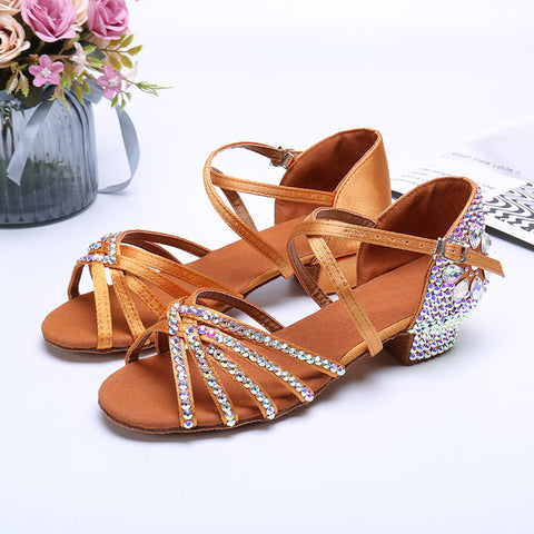 Women Girls Latin Dance Shoes Sparkling Satin Medium and High-heeled Salsa Rumba Chacha Ballroom Dancing Sandals