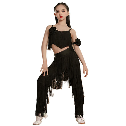 Yellow Red Fringe Latin Dance Dresses for Girls Kids Salsa Chacha Rumba Ballroom Dance Professional Costumes Tops and Pants