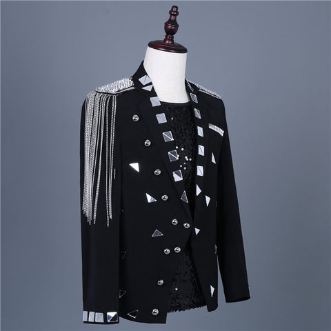 Men's Silver Lens Sequins Glitter Jazz Dance Jacket Band Punk Rock Style Dj Ds Jackets Party Banquet Dress Suit Studio Concert Wedding Performance Coat for Man