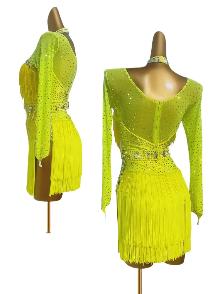 Custom Size Competition Neon Yellow Latin Dance Dresses Women Girls Blackpool Salsa Rumba Chacha Rhythm Performance Wear