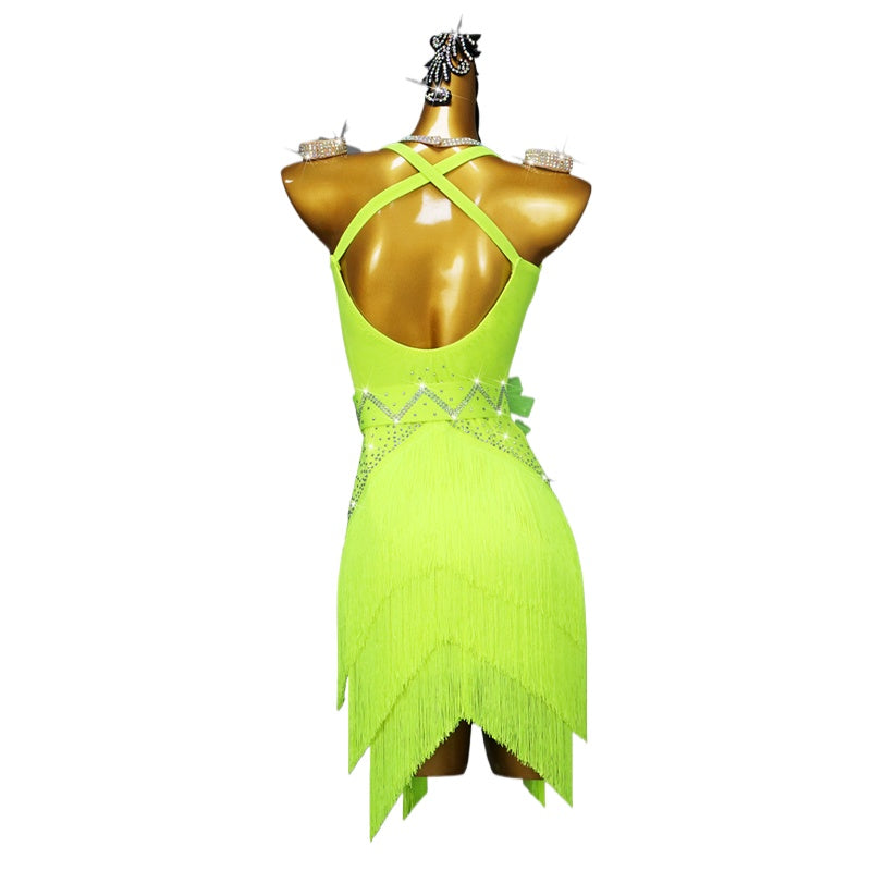 Fluorescent Yellow Latin Dance Competition Dresses for Girls Women Halter Neck Fringe Salsa Rumba Cha Cha Performance Costume