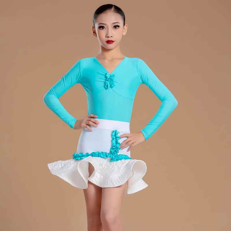 Turquoise White Lace Latin Dance Dresses for Girls Kids Salsa Rumba Chacha Performance Outfits Party Dancing Fancy Dress Ball Gown