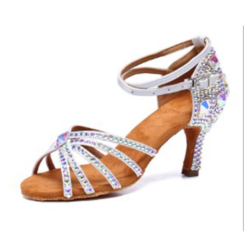 White Black Blue Rhinestones Latin Dance Shoes for Women Girls High-heeled Sparkling Ballrom Tango Salsa Chacha Dance Shoes Soft Soles Sandals