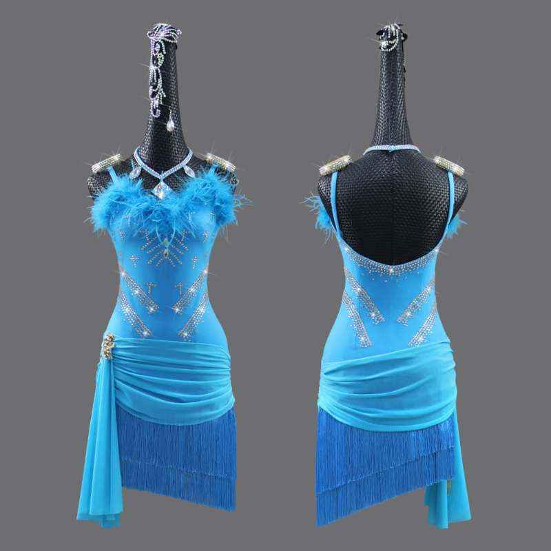 Turquoise Feather Latin Dance Dresses for Women Girls Salsa Rumba Chacha Dance Feather Skirts