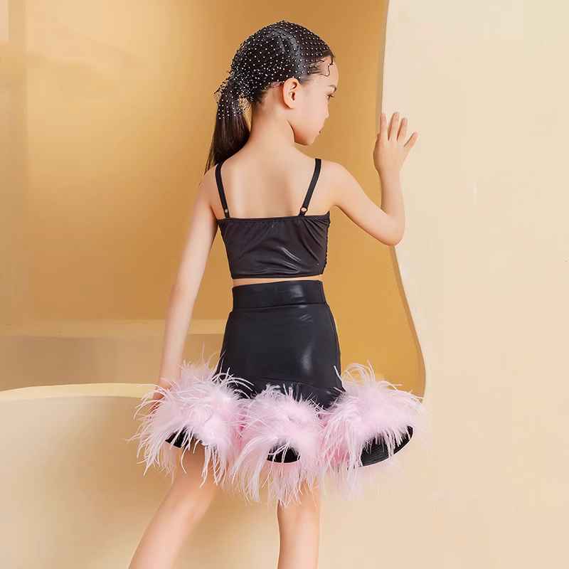 Pink Ostrich Feather Competition Latin Dance Dresses for Girls Kids Salsa Rumba Chacha Ballroom Party Stage Performance Clothes Dancewear