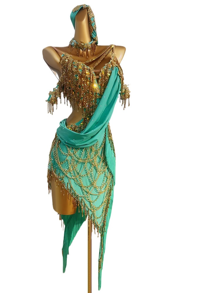 Custom Size Gold with Green Pink Fringe Competition Latin Dance Dresses for Women Girls Kids Latin Salsa Rumba Blackpool Latin Solo Dance Costumes