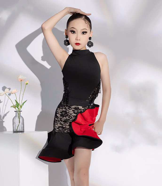 Black Red Lace Sleeveless Tassel Latin Dance Dresses for Kids Children Salsa Chacha Rumba Latin Dance Costumes for Girls