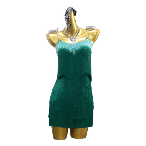 Women girls dark green fringe competition Latin Dance Dress salsa rumba chacha jive latin dancing  Clothing Blackpool outfits