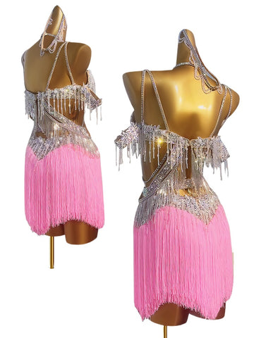 Custom Size Pink Blue Rhinestones Fringe Latin Dance Competition Dresses for Women Girls Salsa Rumba Jive Blackpool Professional Dance Wear