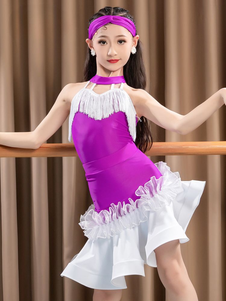 Violet ballroom Latin dance dresses for girls kids children ballroom salsa rumab cha cha practice fringe suit