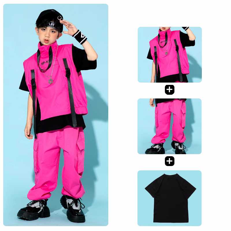 Fuchsia Pink Jazz Street Hip-hop Dance Costumes for Girls Boys Rapper Singers Gogo Dancer Performance Clothes Catwalk Show Clothing