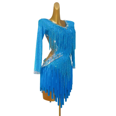 Custom Size Turquoise Blue Competition Latin Dance Dresses for Women Girls Kids Children Bling Fringe Salsa Rumba Cha Cha Performance Costumes