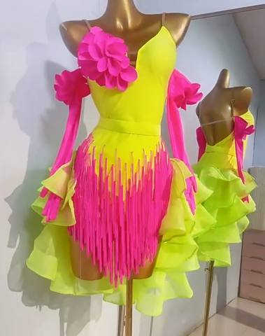 Custom Size Girls Kids Pink Yellow Competition Latin Dance Dresses Salsa Rumba Chacha Ruffles Flower Dancing Costumes Party Dance Skirt