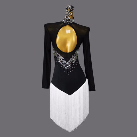 Custom Size White with Black Fringe Competition Latin Dance Dresses for Women Girls Kids Salsa Rumba Chacha Jive Dance Costumes Solo Dance Clothes