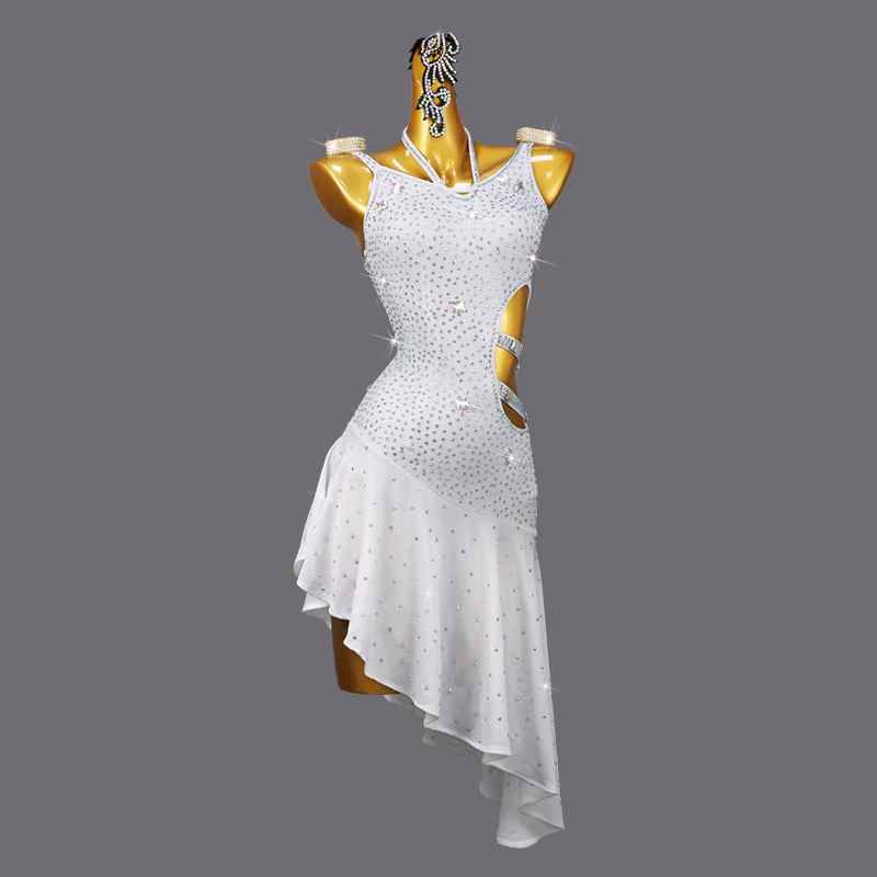 White Bling Ruffles Latin Dance Dresses for Women Girls Rhinestones Irregular Skirts Salsa Rumba Chach Professional Blackpool Dance Costumes