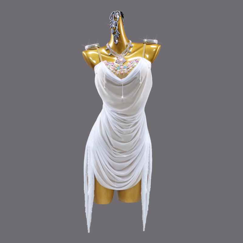 Professional Latin Dance Dresses for Women Girls White Fringed Diamond Dance Skirts Art Test-level Party Salsa Chacha Rumba Dance Outfits