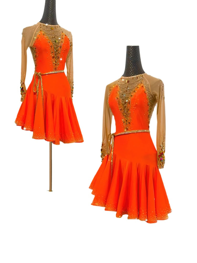 Custom Size Orange Fuchsia Rhinestones Latin Dance Dresses for Women Girls Kids Cha Cha Latin Ballroom Rumba Salsa Performance Costumes