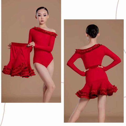 Girls Red Color Latin Dance Dresses Slant Neck Long Sleeeves Salsa Rumba Chacha Party Performance Costumes for Kids