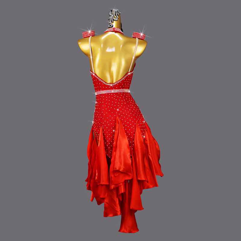 Women Girls Professional Red Fringe Latin Dance Competition Dresses Rhinestones Halter Neck Salsa Chacha Party Show Skirt