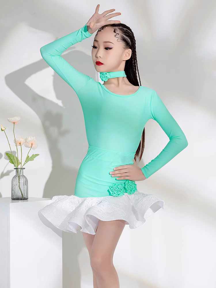 Mint Green White Latin Dance Dresses for Girls Kids Irregular Skirts Modern Salsa Latin Competition Performance Clothes